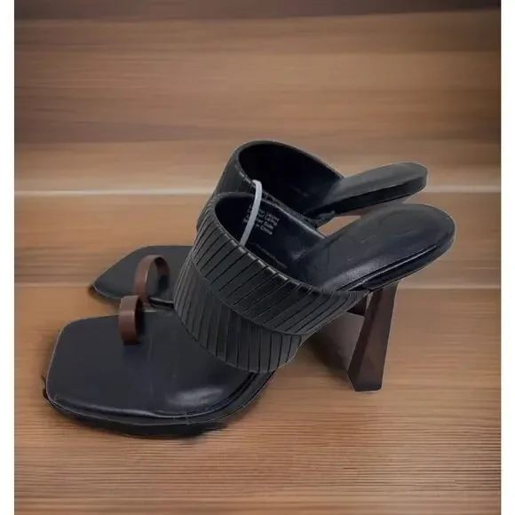 Deltan Kelsea Sandals Womens 8.5 Black Leather Square Toe Heeled Dress - Picture 14 of 16